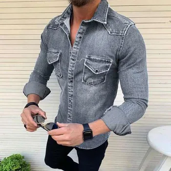 2021 naujas retro paprasta ilgomis rankovėmis džinsinio marškinėliai vyrų mados plius dydis marškinėliai