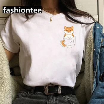 2021 Naujas Vasaros Korėjos Streetwear Estetinės Camisas Mujer Harajuku T-Shirt Kawaii Mielas Shiba Inu Doge Spausdinti Moterų Prašmatnus Viršūnes Tees