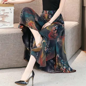 2021 Naujas Vasaros Moterų Capri Kelnės Derliaus Aukšto Juosmens Spausdinti Gėlių Elegantiškas Kelnės Moteriška Atsitiktinis Plati Koja Pants Plus Size XL-4XL