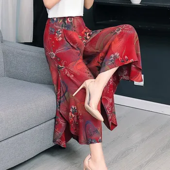 2021 Naujas Vasaros Moterų Capri Kelnės Derliaus Aukšto Juosmens Spausdinti Gėlių Elegantiškas Kelnės Moteriška Atsitiktinis Plati Koja Pants Plus Size XL-4XL