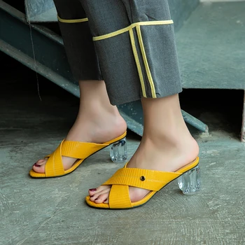 2021 Naujas Vasaros sandalai Moterims Crystal Clear High Heels Skaidres Mulų Dizaineris Lady Aukštakulnius Batelius zapatos de mujer Geltona Ruda
