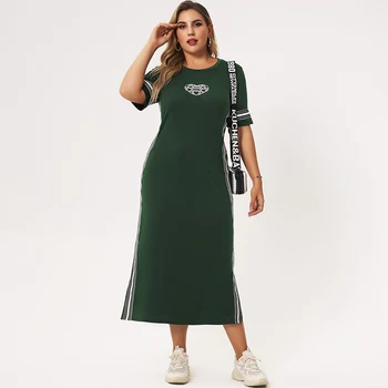 2021 Naujas Vasaros Suknelė Moterims Žalia Sujungimas Dryžuotas O-kaklo trumpomis Rankovėmis Slim Atsitiktinis Kolegijos Plius Dydis Suknelės Su Širdies Formos