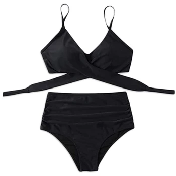 2021 Naujų Moterims Seksualus 2vnt Bikini Komplektas Criss Cross maudymosi kostiumėlį Ruched Aukšto Juosmens Maudymosi Kostiumas