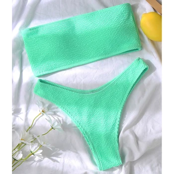 2021 Seksualus neoninė žalia bandeau bikini komplektas Kietų briaunoti maudymosi kostiumėlį moterų plaukimo kostiumas Aukštos sumažinti maudymosi kostiumėliai, moterų Sporto maudymosi kostiumas