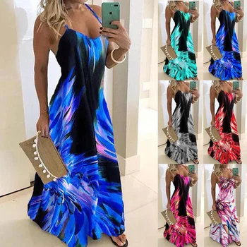 2021 Senovinių Lapų Spausdinimo Suknelė Seksualus Spageti Dirželis V Kaklo Ilga Suknelė Moterims Vasarą Big Swing Paplūdimio Suknelės, Šaliai, Tunika