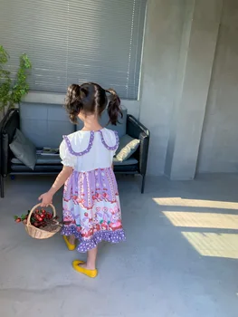 2021 Vaikų vasaros suknelė trumpomis rankovėmis gyvūnų lokys pattern violetinė spalva sweet baby mergaičių suknelės