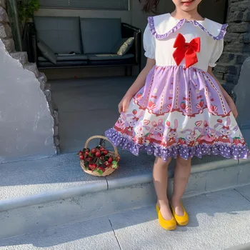2021 Vaikų vasaros suknelė trumpomis rankovėmis gyvūnų lokys pattern violetinė spalva sweet baby mergaičių suknelės