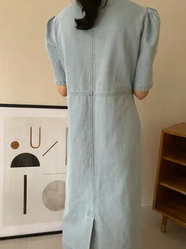 2021 vasaros derliaus aikštėje apykaklės džinsinio audinio suknelė moterims sluoksniuotos rankovėmis a-vienišų dresss