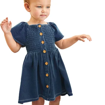 2021 Vasaros Džinsinio audinio Suknelė, Kostiumas Mergaitei, Kūdikių Drabužiai, Suknelės Su eilutėje Mygtukas