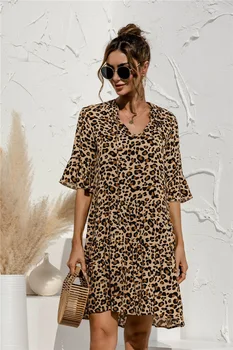 2021 Vasaros Gėlių Moterų Suknelę Siūlėmis Mini Atsitiktinis trumpomis Rankovėmis V-kaklo, Sudeginamos Rankovėmis Moteriška Atostogų Seksualus Leopardas Spausdinti Panele