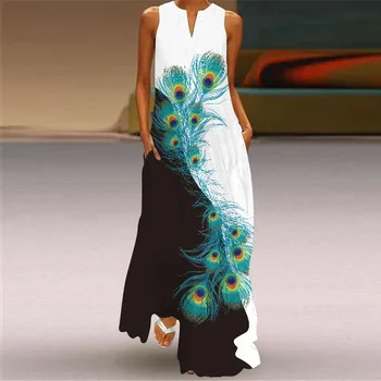 2021 Vasaros Ilga Suknelė Moterims Gėlių Spausdinti Derliaus Atsitiktinis Palaidų Berankovis Suknelė Moterų Elegantiškas V-Kaklo Suknelės
