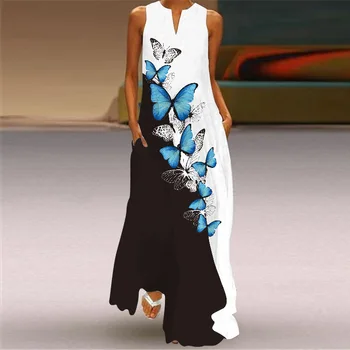 2021 Vasaros Ilga Suknelė Moterims Gėlių Spausdinti Derliaus Atsitiktinis Palaidų Berankovis Suknelė Moterų Elegantiškas V-Kaklo Suknelės