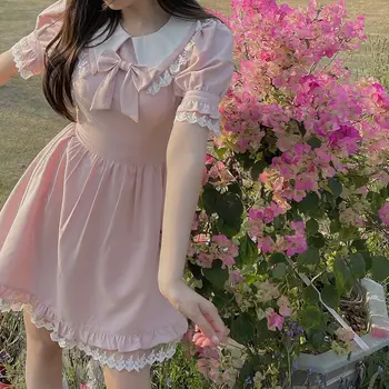 2021 Vasaros Lolita Kawaii Suknelė Moterims Japonijos Derliaus Saldus Lankas Rožinės Spalvos Mini Suknelė Mielas Gana Princesė Burbulas Rankovės Nėrinių Suknelės