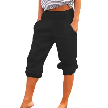 2021 Vasaros Moterų Capri Pants Plus Size Kišenės Vientisos Spalvos Aukštos Juosmens, Palaidi 3/4 Kelnės Kasdienio Gyvenimo Atsitiktinis Haremo Kelnės