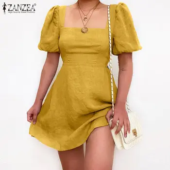 2021 Vasaros Moterų Suknelė ZANZEA Elegantiškas-line Mini Vestidos Atsitiktinis, Kietas Sluoksniuotos Rankovėmis Sundress Lady Kvadratinių Kaklo Skraiste
