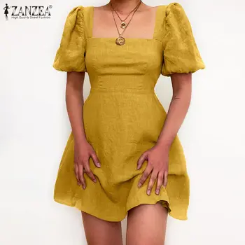 2021 Vasaros Moterų Suknelė ZANZEA Elegantiškas-line Mini Vestidos Atsitiktinis, Kietas Sluoksniuotos Rankovėmis Sundress Lady Kvadratinių Kaklo Skraiste