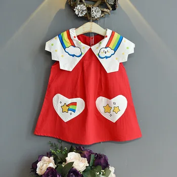 2021 Vasaros Vaikų Mergaičių Rankovių Apvalus Kaklas Vidutinio ilgio Vaikų Mielas Debesis Lėlės Apykakle Suknelė