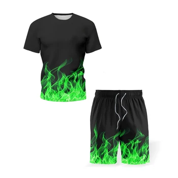 2021 vasaros vyrų 3D kostiumas trumparankoviai liepsna LOGOTIPĄ, sporto top + šortai vyrams ir moterims kamufliažas sporto trumparankoviai marškinėliai