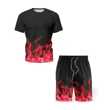 2021 vasaros vyrų 3D kostiumas trumparankoviai liepsna LOGOTIPĄ, sporto top + šortai vyrams ir moterims kamufliažas sporto trumparankoviai marškinėliai