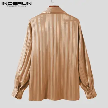 2021 Vyrų Marškinėliai Derliaus Elegantiškas Dryžuotas Atvartas ilgomis Rankovėmis Atsitiktinis Vyrų Drabužiai Su Diržo Streetwear Mygtuką Camisas S-5XL INCERUN