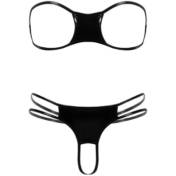 2vnt Moterų Mini Bikini apatinis Trikotažas Nustatyti Šlapias Atrodo, Lakinės Odos Stebėjimo Atidaryti Puodeliai Liemenėlė Viršų su G-string Crotchless Trumpikės