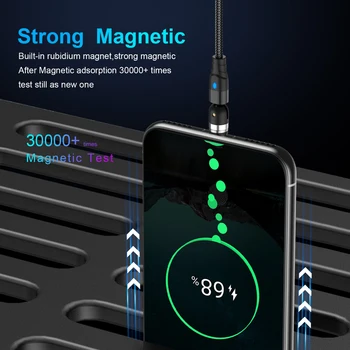 3A Greito Įkrovimo Laidas 540 Pasukti Magnetinio Kabelį, Tipas C Duomenų Laidas iPhone Samsung Magnetas Įkroviklis USB C Telefono Kabelis