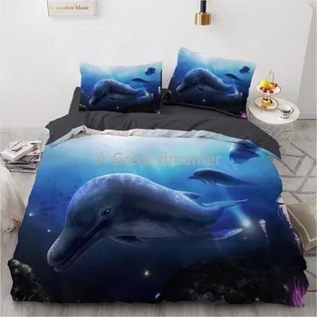 3D delfinų Patalynės Komplektas Mėlyna Jūra Antklodė Antklodė Padengti Nustatyti Mielas Šalikas Patalynė Užvalkalas Karalius ir Karalienė Visą Namų Texitle Lašas Laivas