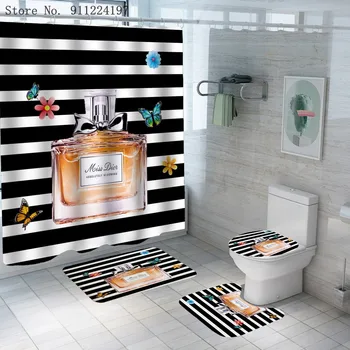4 Gabalus Black White Stripes Dušo Užuolaidos Rinkiniai Su Kilimų Tualeto Kilimėlis 3D Spausdinimo Kvepalai Vonios kambarys Dušo Užuolaidos Vonios kambarys Dekoro