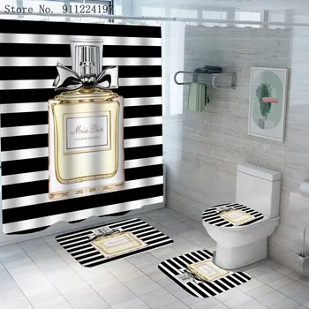 4 Gabalus Black White Stripes Dušo Užuolaidos Rinkiniai Su Kilimų Tualeto Kilimėlis 3D Spausdinimo Kvepalai Vonios kambarys Dušo Užuolaidos Vonios kambarys Dekoro