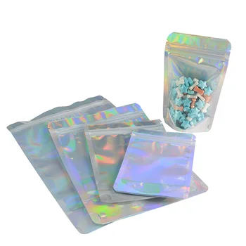 50PCS Karšto Pardavimo Atsistoti Sidabro Pakuotės Plastikinės Holografinis Kosmetikos Krepšys Su Užtrauktuku