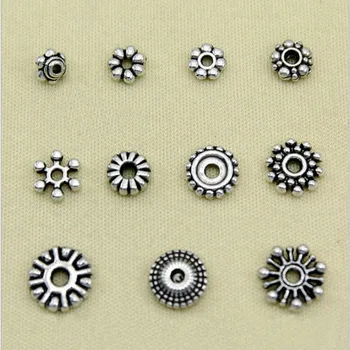 50Pcs Tibeto Stilius Lydinio daisy & Snaigės Tarpiklius Granulių Metalo Karoliukai Papuošalai Guardian 7~10 mm Skersmens, Antikvariniai Sidabro