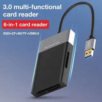 6 In 1 Multi Atminties Kortelių Skaitytuvą, USB 3.0 ABS Aliuminio Lydinio Apvalkalas PVC, Viela Reader 2 Port HUB Didelės Spartos Adapteris XQD CF, SD TF