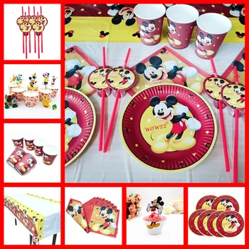 6 Vaikai Raudona Mickey Mouse Šalies Prekių Dekoracijas, Gimtadienio Džiaugtis Plokštė Staltiesė Balionai Caketopper