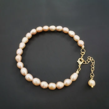 6mm Boho Gamtos Ovalo Gėlavandenių Perlų Apyrankės Karoliukai 14K Aukso Užpildytas Reguliuojamas Grandinės Rankų Pink Pearl Pritaikyti Mergina