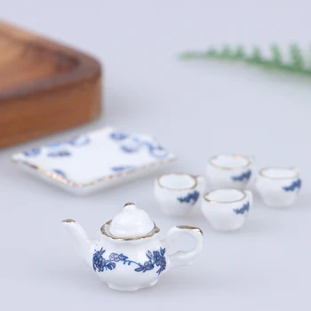 6pcs 1/12 Masto Miniatiūriniai Lėlių Mini Porceliano Blue Print Pieno Puodai Arbatos Puodelius Vandeniui Rinkinys Lėlių Kambario Baldai, Apdaila