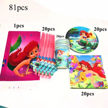 81pcs Little Mermaid Theme Birthday Party Supplies Decor Ariel Mermaids Disposable Tablecloths Straws Napkins Cups Round Plates