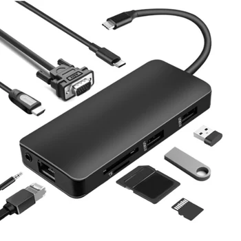 9 1 Hub Tipo C Iki USB3.0*2+PD+HD+RJ45+VGA+3.5 mm Audio Jacl+TF Protingas USB Hub Multi-Port Adapteris, skirtas Nešiojamas KOMPIUTERIS