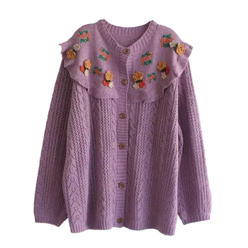 9037New moterų pavasario drabužių prarasti trimatis gėlių aplikacija megztinis megztinis ilgomis rankovėmis megzti kailio viršutiniai drabužiai