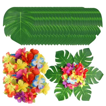 90Pcs Atogrąžų Palmių Lapų ir Hibiscus Gėlės, Dirbtiniai Lapai Augalai Hibiscus Žiedų Švenčių Deco, Havajų Šalies Džiunglių Beac