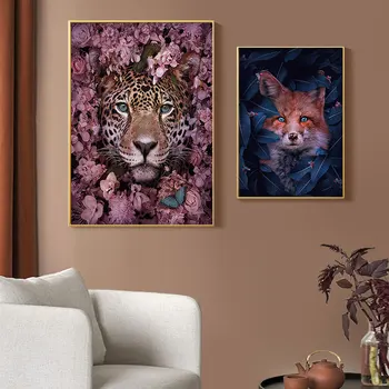 Abstrakti Gyvūnų, su Gėlėmis Tapybos ant Drobės Tigras, Lapė, Leopardas Žirafa Rožinė Plakatus ir nuotraukas Kambarį Dekoro Cuadros