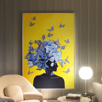 Abstraktus Mergina su Drugelio Šiaurės Drobės Tapybos Geltona Mėlyna Plakatai ir Spausdinimo Cuadros Sienos Meno Nuotrauką Kambarį Dekoro