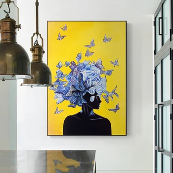 Abstraktus Mergina su Drugelio Šiaurės Drobės Tapybos Geltona Mėlyna Plakatai ir Spausdinimo Cuadros Sienos Meno Nuotrauką Kambarį Dekoro