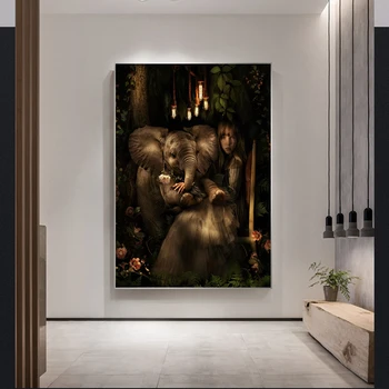 Abstraktusis Menas, Žmogus ir Gamta Dramblys ir Mergina Drobės Tapybos Cuadros Plakatų Spausdinimo Sienos Meno Kambarį Namų Dekoro