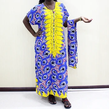 Afrikos Suknelės Moterims Geriausia Pardavimo Aukštos Kokybės Medvilnės, Įvairiaspalvis Spausdinti Siuvinėjimas Nigerijos Maxi Skraiste Su Skara Atsitiktinis