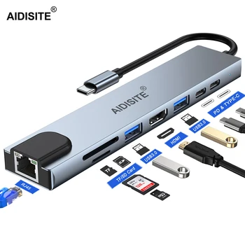 AIDISITE USB C HUB Adapteris 8 in 1 USB 3.1 Tipas-C HUB Su RJ45 SD/TF PD Splitter 