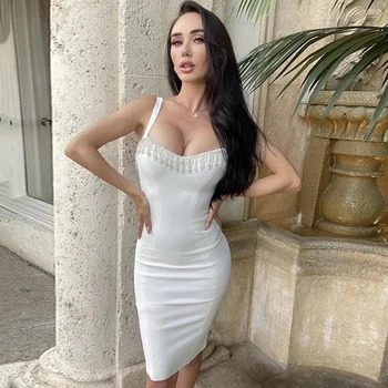 Ailigou Moterų Sexy Rankovių Balta Juoda Deimantų Kristalų Kutas Mini Bodycon Tvarstis Suknelė 2021 Elegantiškas Šalis Suknelė Vestidos