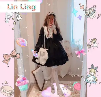 Alisa Wondeland Mielas Moterų Lolito Suknelė Flouncing Nėrinių Apdaila Japonijos Harajuku ilgomis Rankovėmis Lėlės Dress Pasakos