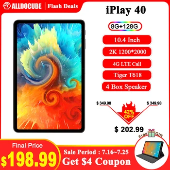 Alldocube iPlay 40 Tablet PC, 8GB RAM 128 GB ROM Unisoc Tigras T618 2000x1200 FHD 10.4 colių Ekranas, Dual 4G LTE 