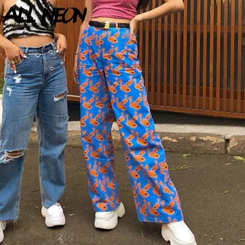 ALLNeon Harajuku Streetwear Žuvų Spausdinti Plataus Kojų Kelnės 90-ųjų Estetika Aukšto Juosmens Mėlyna Baggy Y2K Kelnės Vasaros Indie Mada