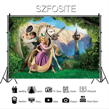 Animacinių Filmų Aukso Rapunzel Balto Žirgo Fone Mergina Gimtadienio Kambarį Apdailos Fotografijos Studija Nuotrauka Vaikai Individualizuotos Fono